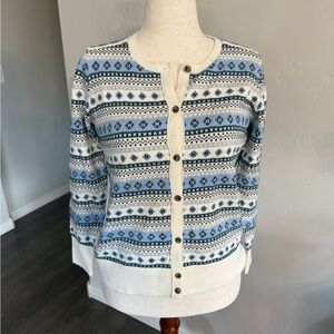 L.L. Bean Winter Blue and White Fair Isle Cardigan Sweater Womens Size SP. NWT